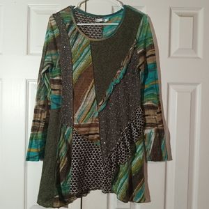 Adore size large long sleeve multi color flare bottom shirt